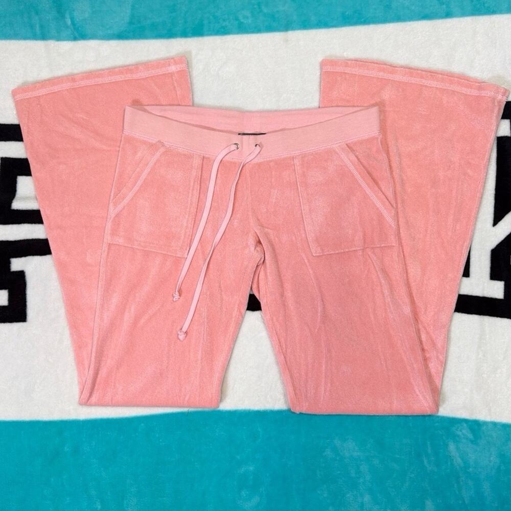 Vintage Y2K Juicy Couture Low Rise Terry Cloth Flare Track Pants Pink Size Small